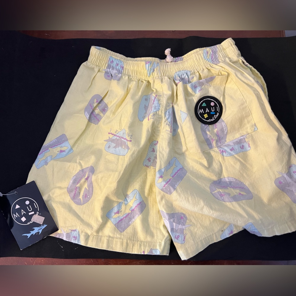 Vintage Deadstock boys swim shorts Maui with tags medium yellow shark surf 1980s
